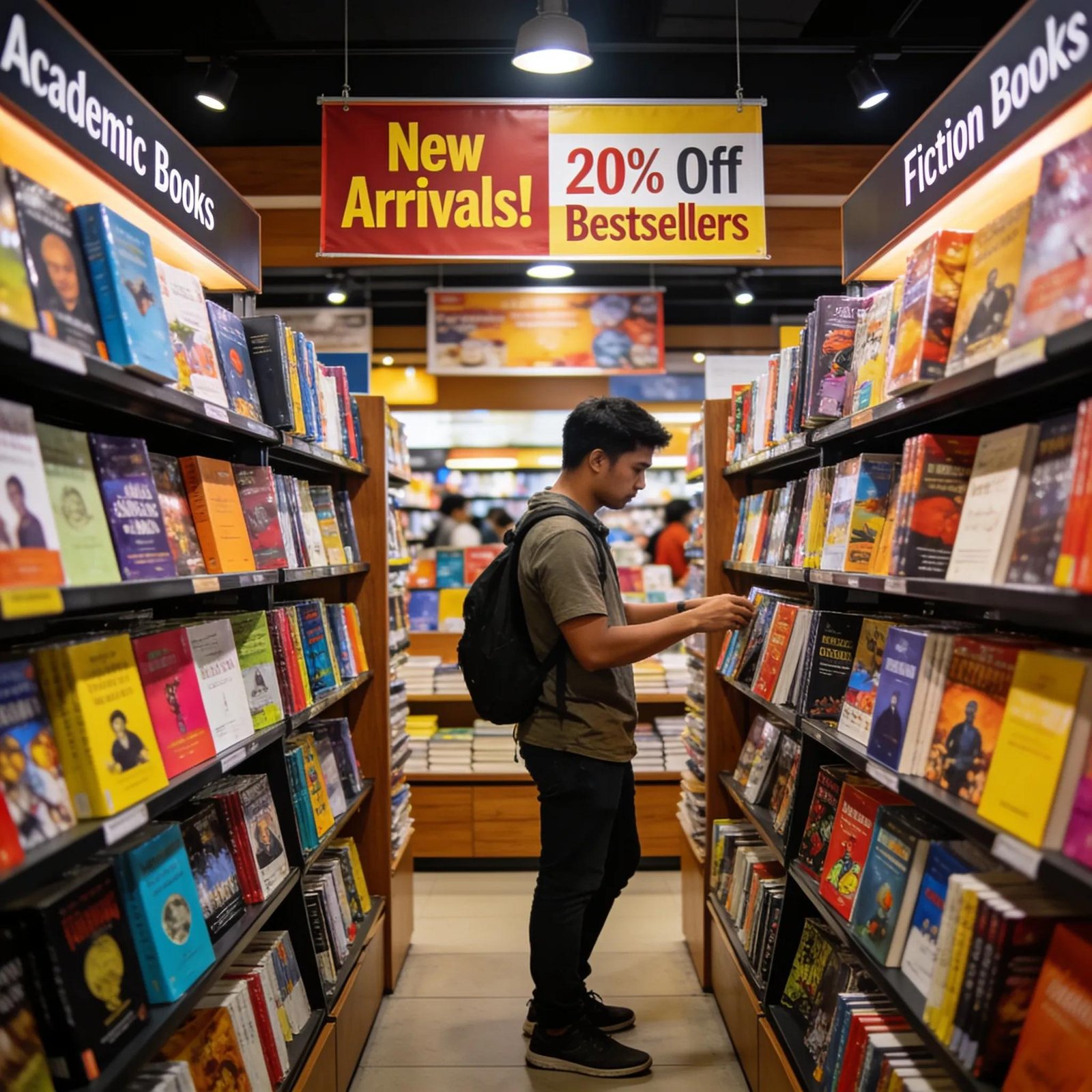 Busy physical bookstore in Malaysia with popular book displays and visitors