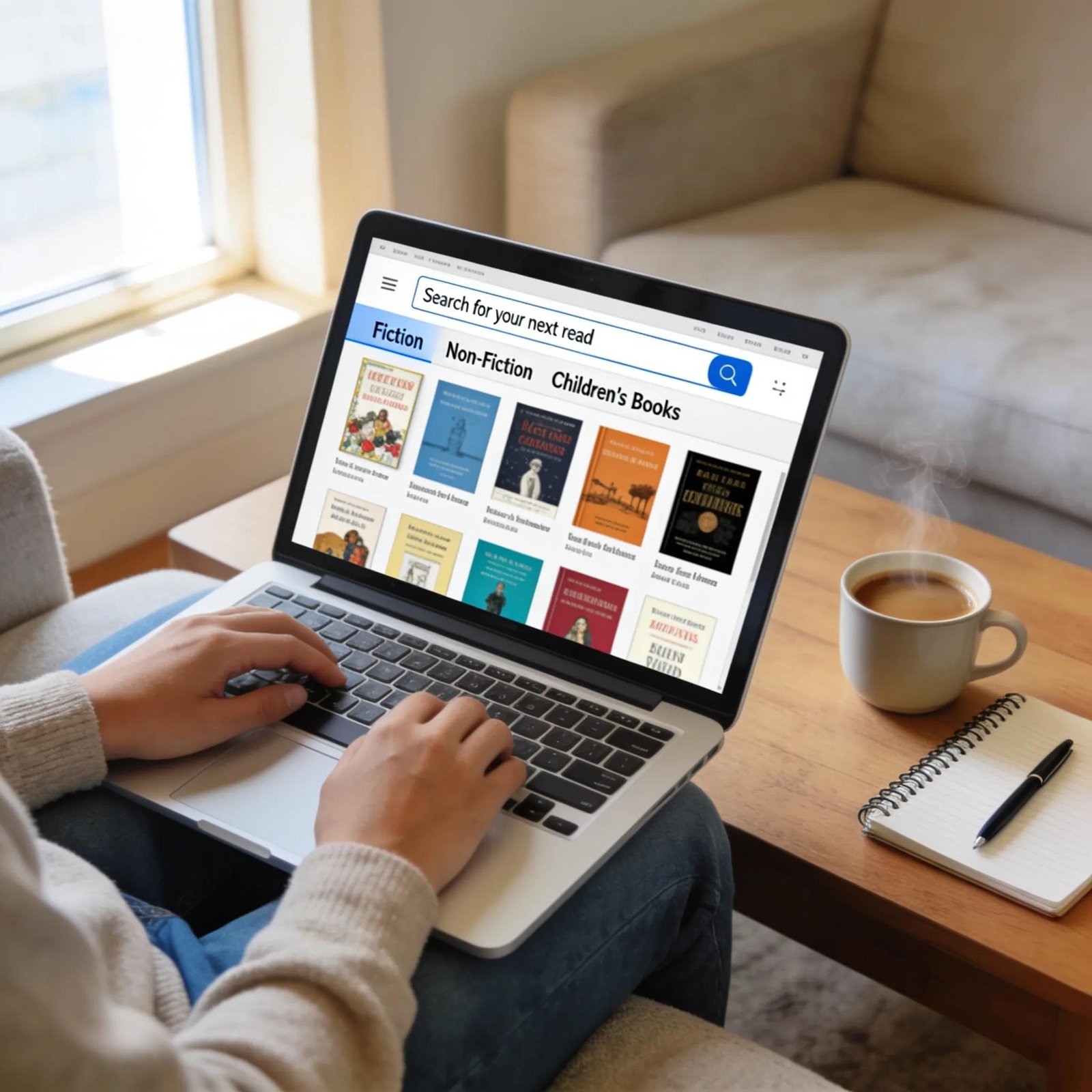 Someone ordering books online using a laptop at a modern home
